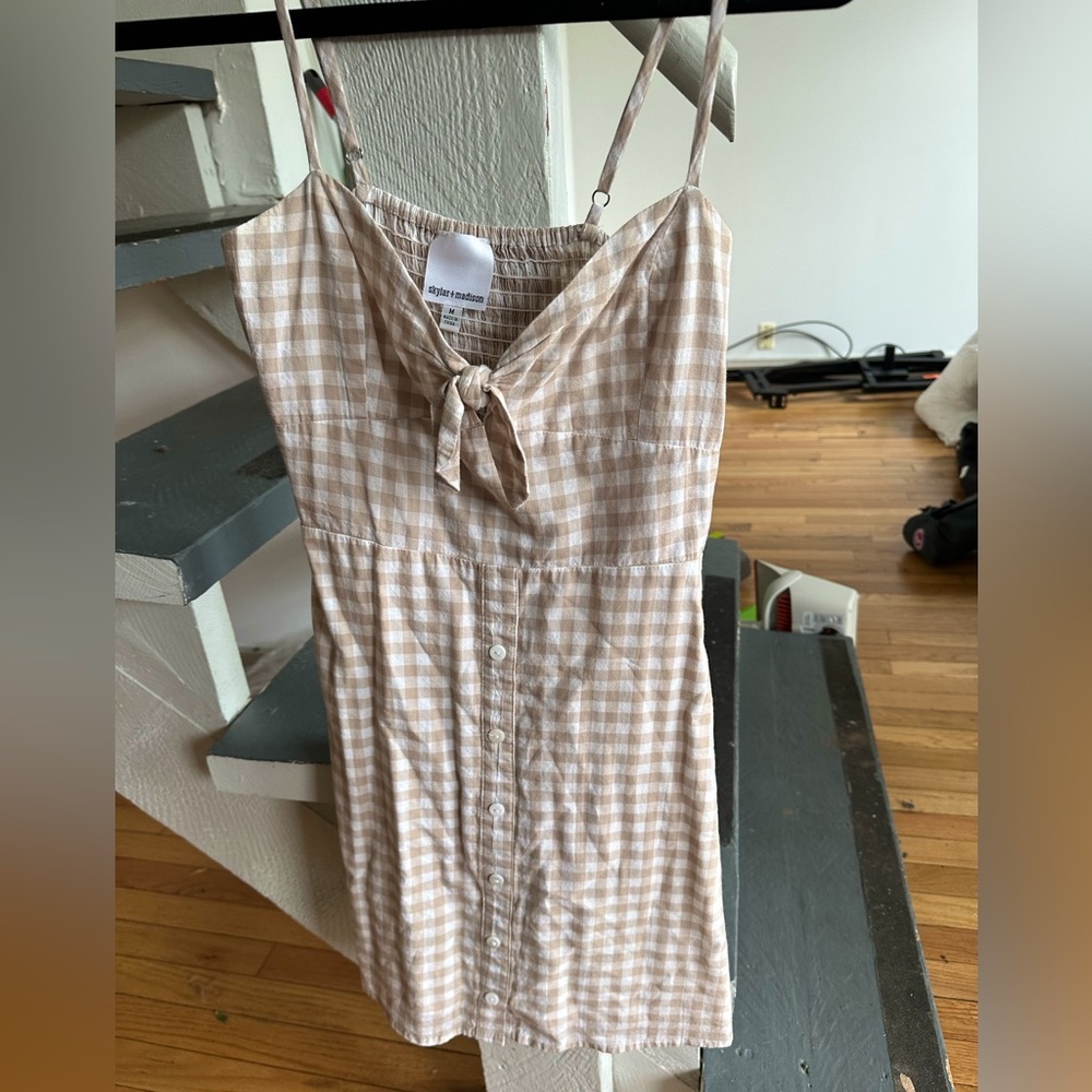 Skylar + Madison Beige Gingham Spaghetti Strap Dress